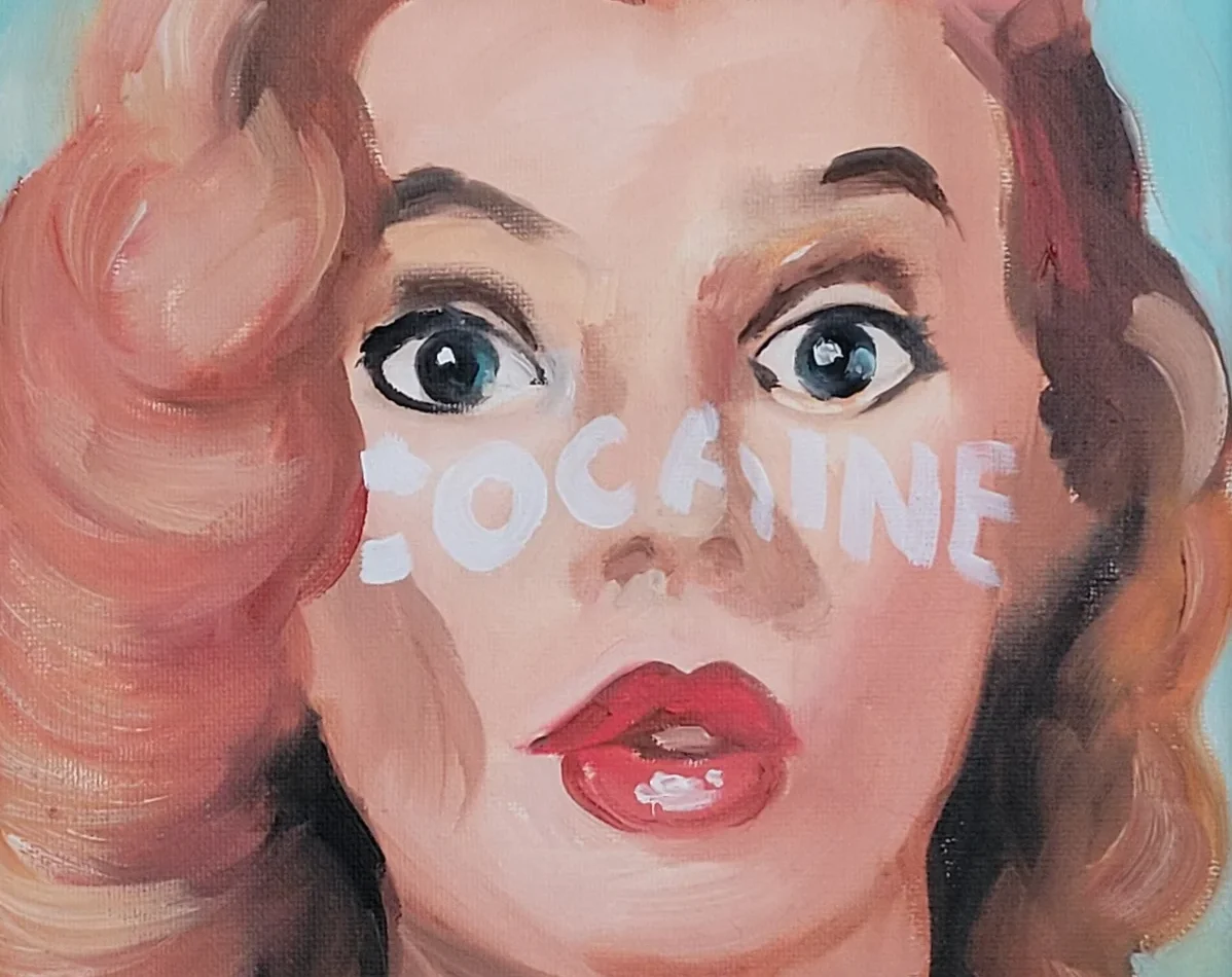 Painted portrait with the word “Cocaine” across the subject’s face, symbolizing addiction awareness