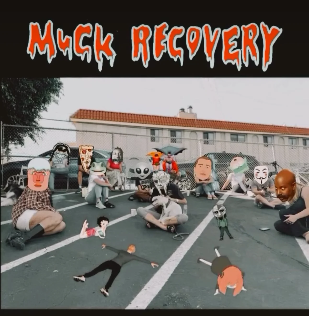Group gathering in a parking lot wearing expressive masks under the Muck Recovery banner